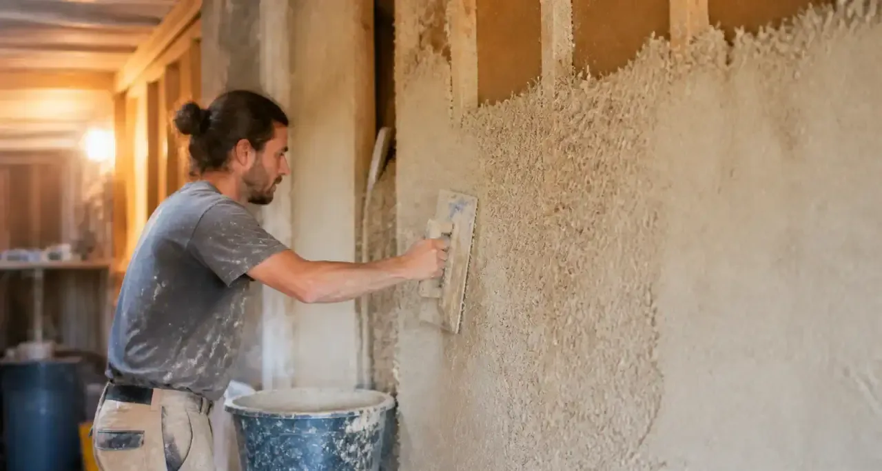 Application à la lisseuse d'un enduit à la chaux sur un mur intérieur