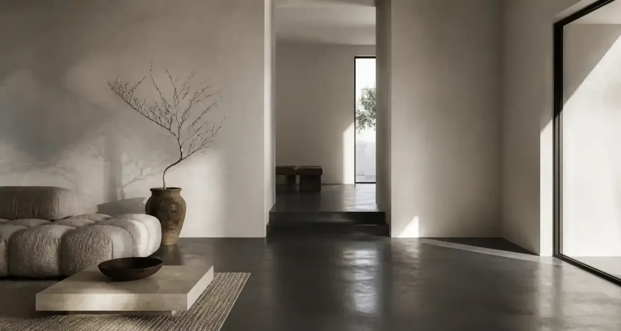 Intérieur minimaliste en béton ciré et enduit à la chaux, sol sombre continu