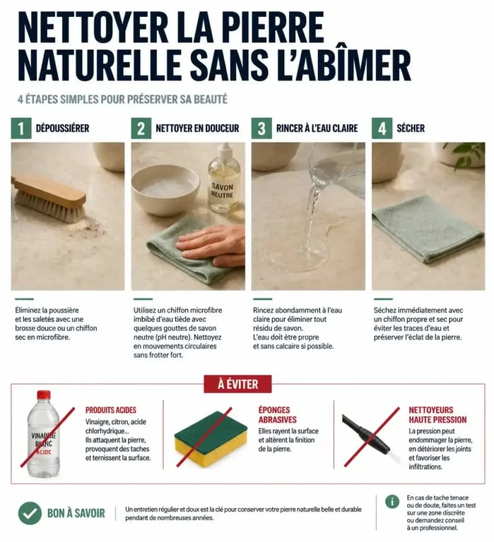 Nettoyer des pierres naturelles : étapes de nettoyage doux, rinçage et séchage avec gestes à éviter