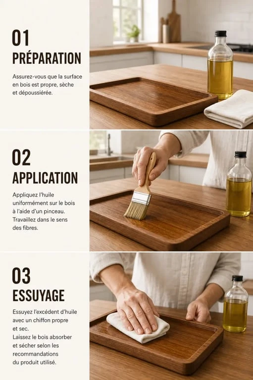 Huile plan de travail : application au pinceau sur un plan de travail en bois