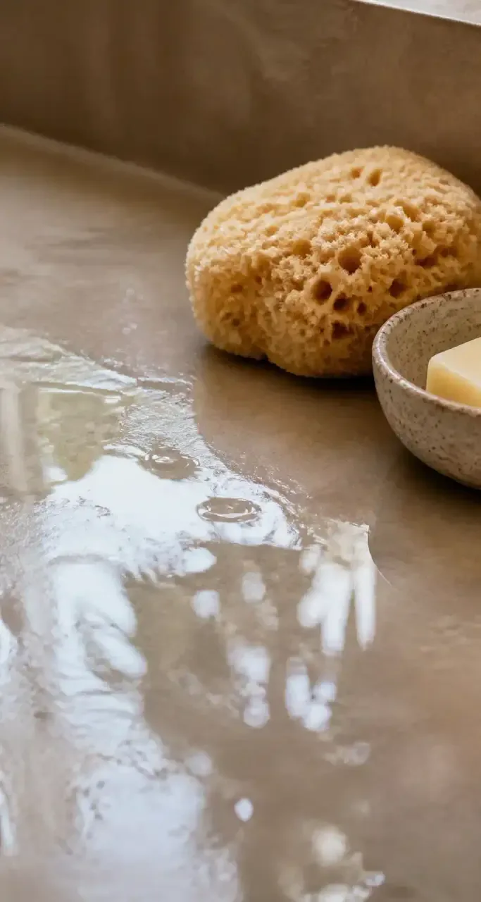 Entretien d'un tadelakt de salle de bain au savon noir et à l'éponge naturelle