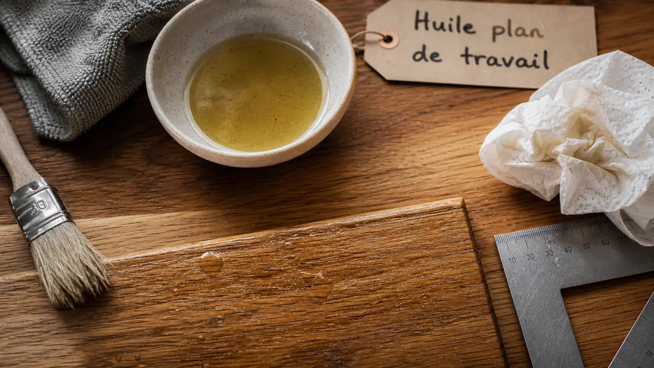Huile plan de travail sur plan de travail en chêne, application entre deux couches