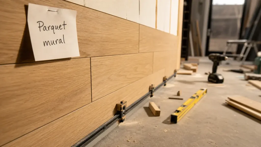 Parquet sur les murs avec rails et fixation, outils en chantier