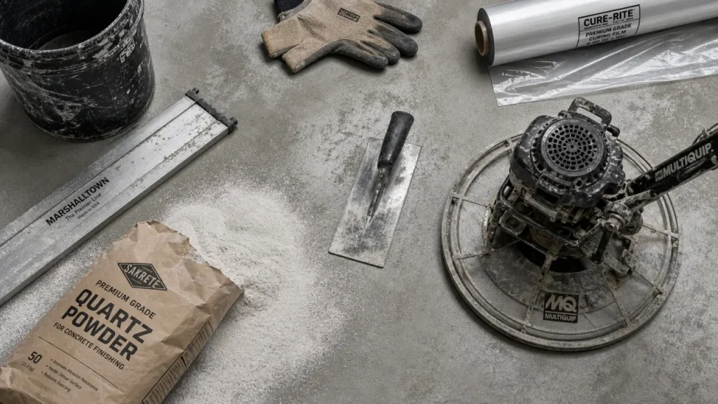 Quartz beton : dosage 5 kg/m² et lissage à l’hélicoptère sur béton frais