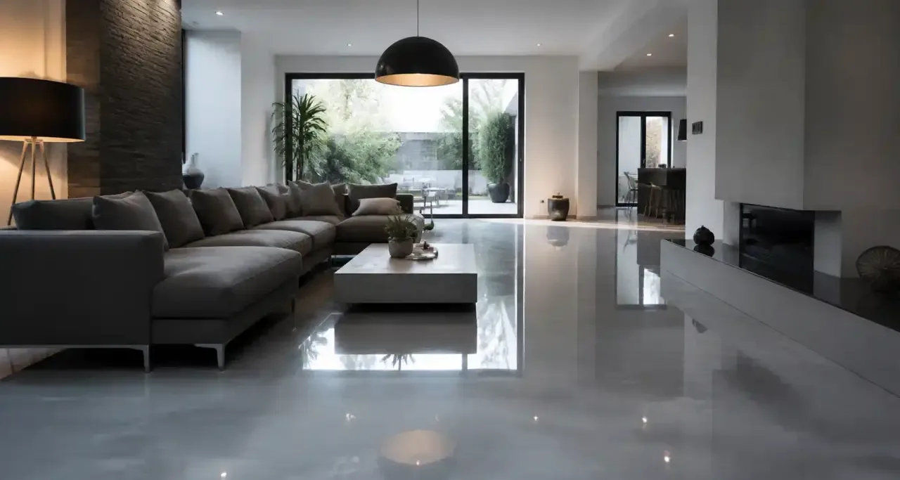 Salon contemporain avec sol en résine coulée gris miroir