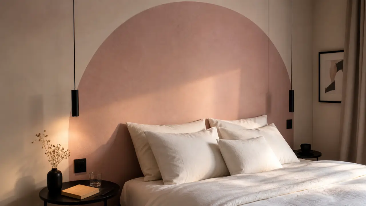 Tete de lit peinte en arche, chambre rose poudré