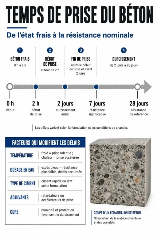 Infographie sur le temps de prise du béton avec les étapes et repères de durée