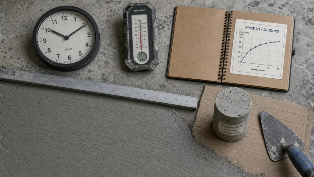 Temps de prise du béton : 2h, 7 jours, 28 jours sur chantier