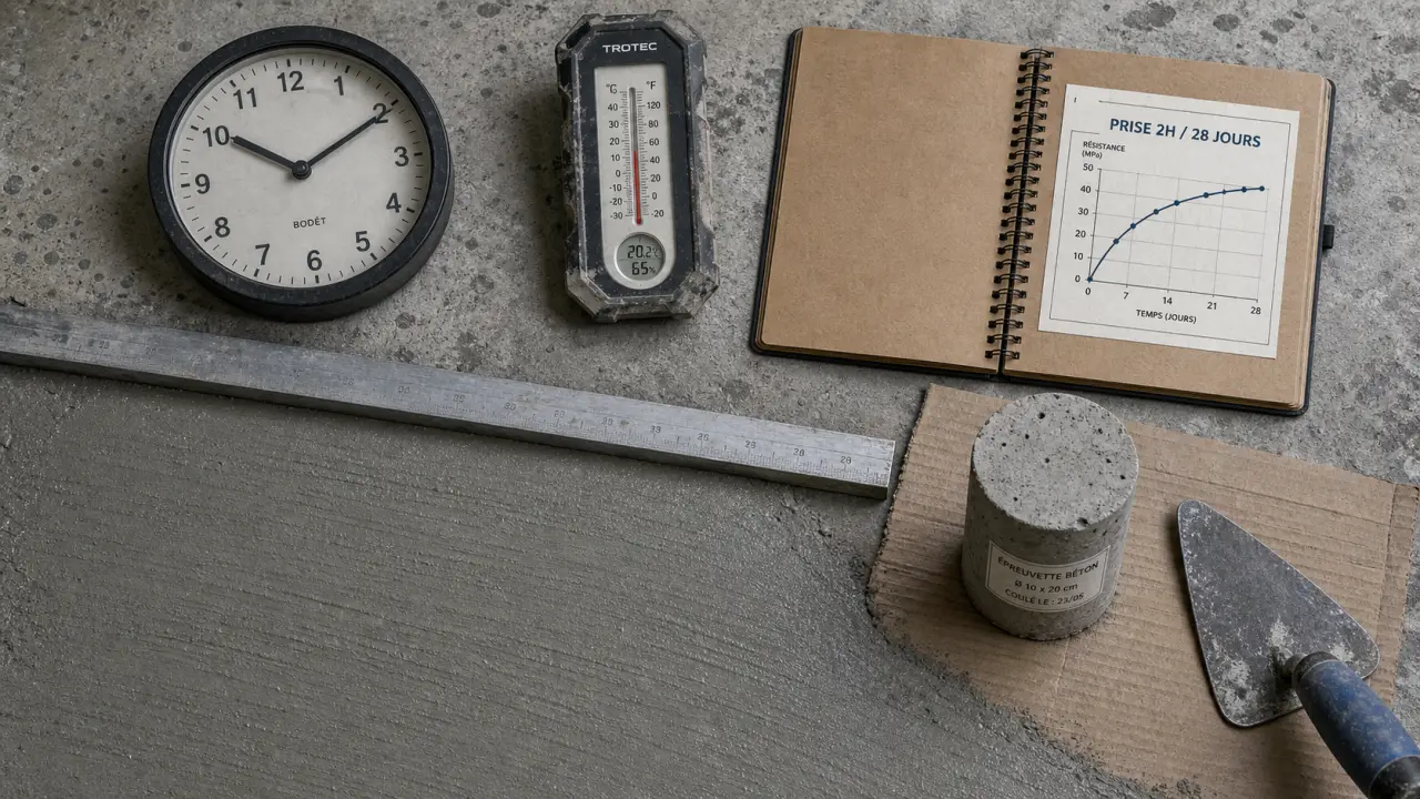 Temps de prise du béton : 2h, 7 jours, 28 jours sur chantier