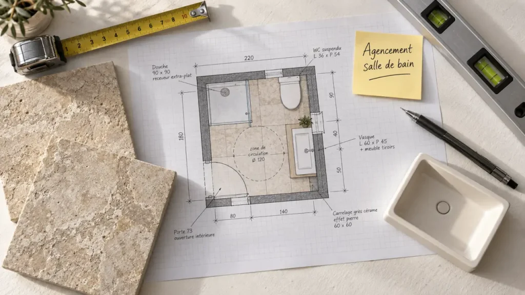 Plan d’agencement d'intérieur salle de bain sur 5 m², mesures et carrelage