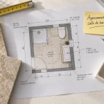 Plan d’agencement d'intérieur salle de bain sur 5 m², mesures et carrelage