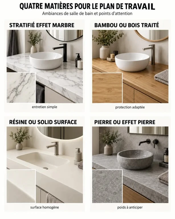 Plan de travail salle de bain en stratifié, bambou, résine et pierre