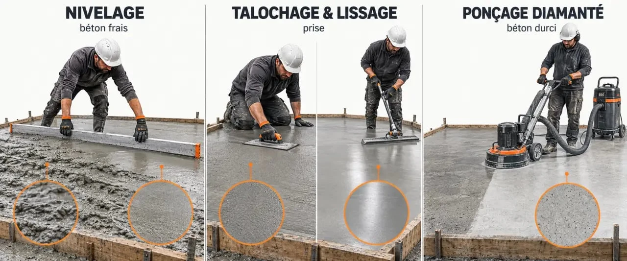 Étapes pour lisser du béton frais et durci avec nivelage, talochage, lisseuse et ponçage