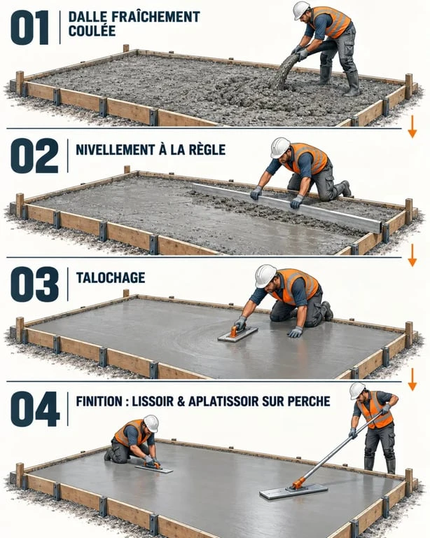 Étapes pour lisser le beton avec règle, taloche et truelle-lissoir