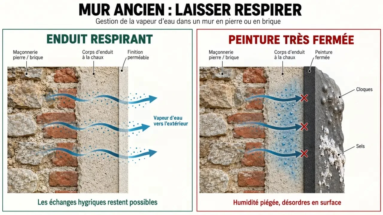Schéma du fonctionnement d’un enduit respirant pour murs humides