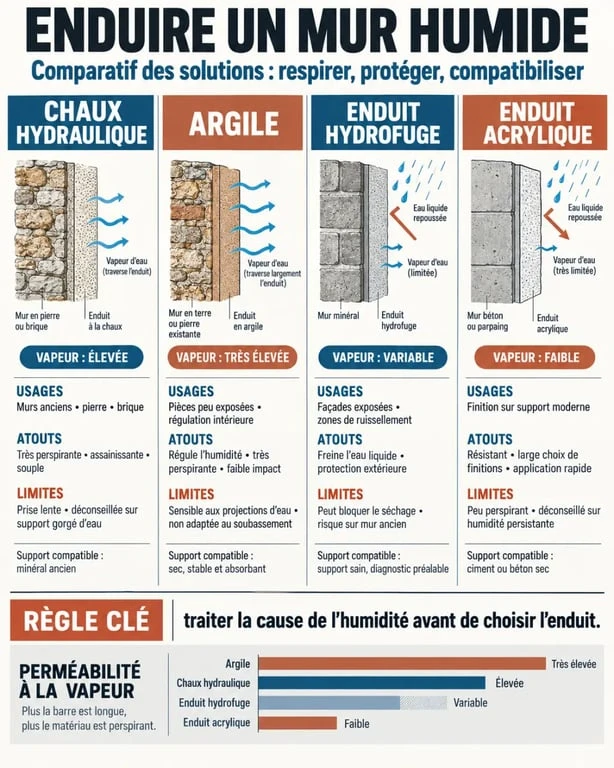 Infographie comparative des solutions d’enduit pour murs humides