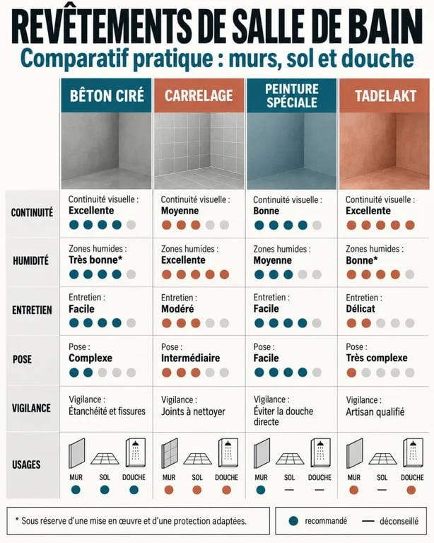 Salle de bain béton ciré comparée au carrelage, à la peinture et au tadelakt