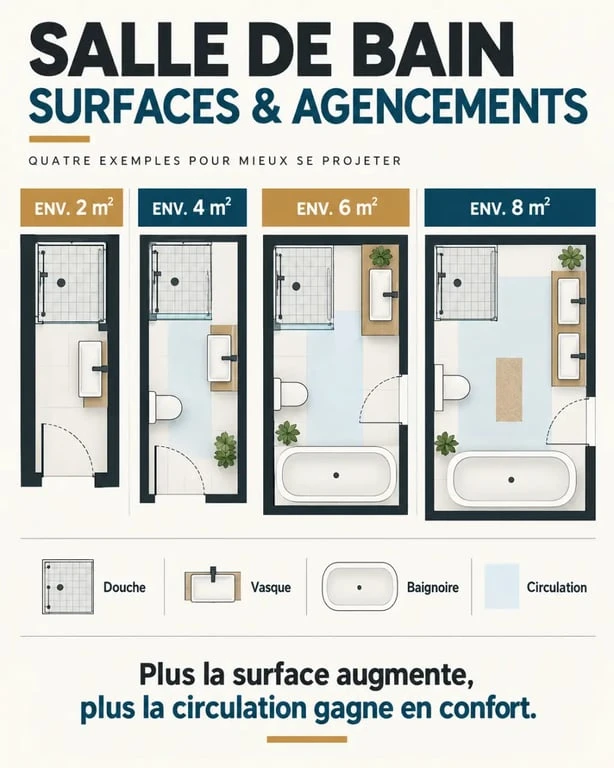 Agencement d'intérieur de salle de bain : visualisation des surfaces et des dégagements