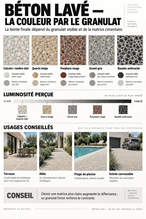 Infographie sur la couleur beton lave selon les granulats, la matrice cimentaire et l’usage