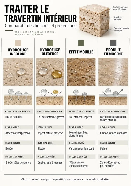 Hydrofuge travertin intérieur : comparaison des traitements incolore, oléofuge, effet mouillé et filmogène