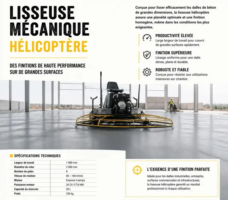 Utilisation d'une lisseuse mécanique hélicoptère pour lisser un béton
