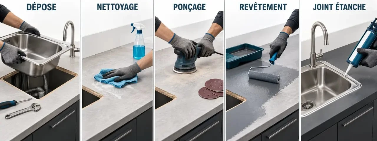 Étapes de rénovation d'un plan de travail de cuisine autour de l'évier
