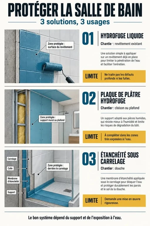 Hydrofuge salle de bain : comparaison entre hydrofuge liquide, plaque hydrofuge et système d’étanchéité