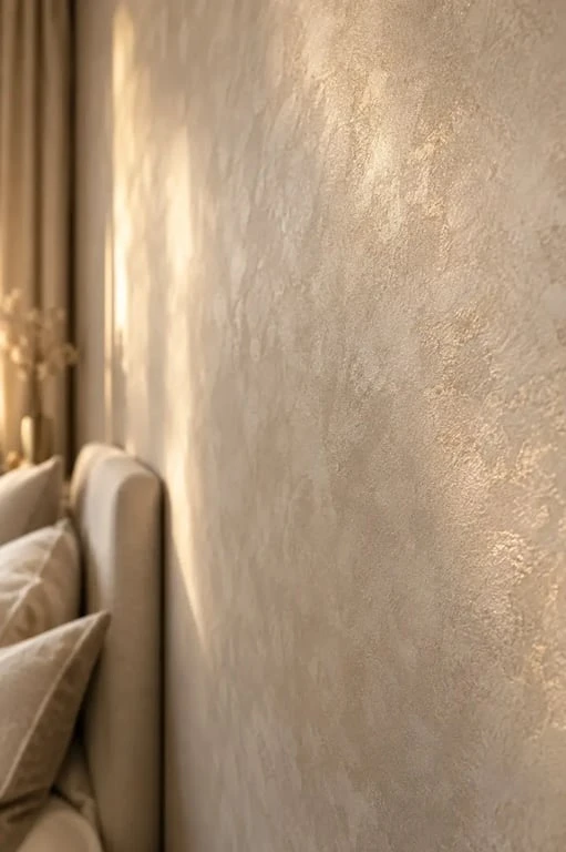 Peinture effet velours nacré sur un mur de chambre
