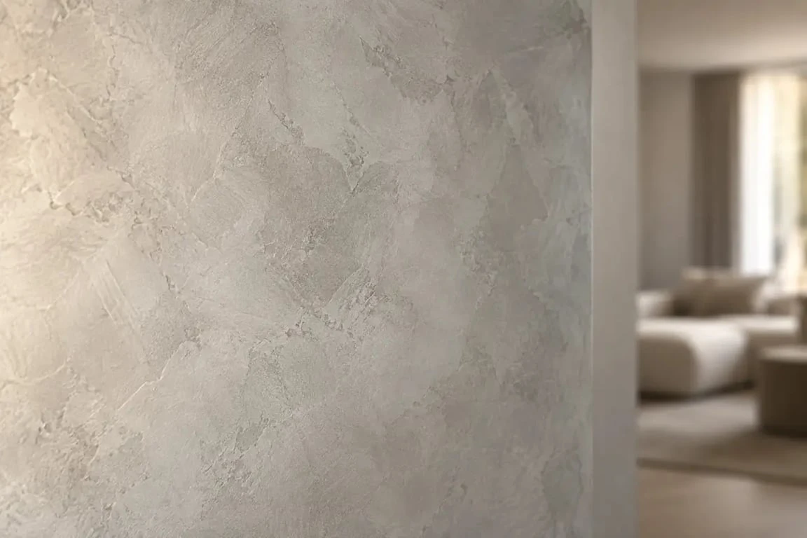 Peinture effet béton ciré appliquée sur un mur de salon
