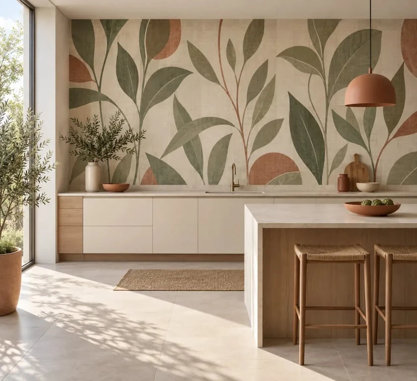 Tendance papier peint pour cuisine avec motif botanique vert sauge et meubles en bois clair