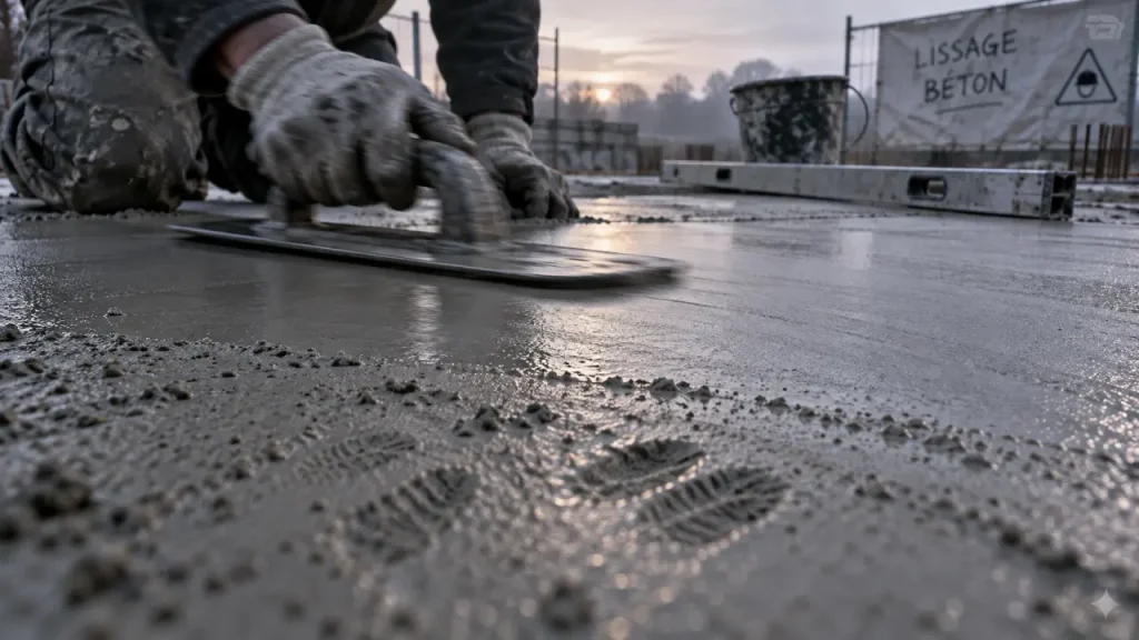 Lisser beton : lisseuse lissant la dalle béton neuve en extérieur