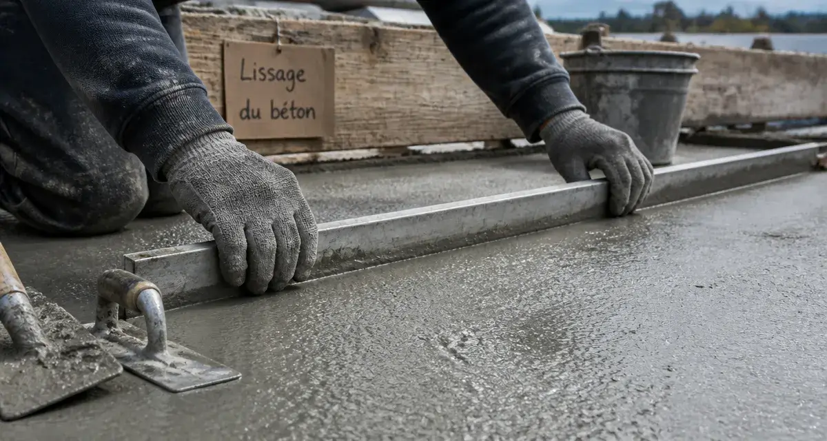 Lisser un beton : ouvrier règle de maçon pour finition professionnelle