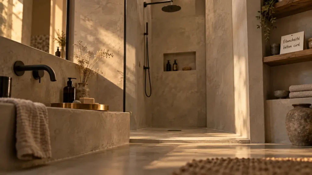 Salle de bain beton ciré sans joints, douche à l’italienne