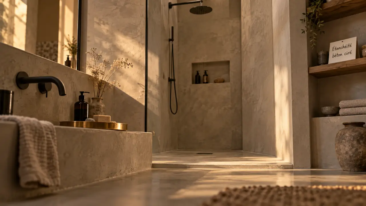Salle de bain beton ciré sans joints, douche à l’italienne