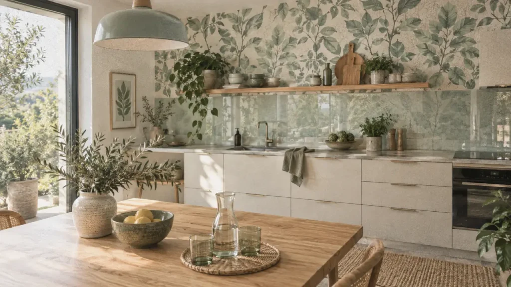 Le papier peint tendance pour la cuisine mise sur le céladon, le panoramique et le vinyle lessivable