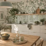 Tendance papier peint pour cuisine en céladon botanique vinyle lessivable, crédence et cuisine moderne