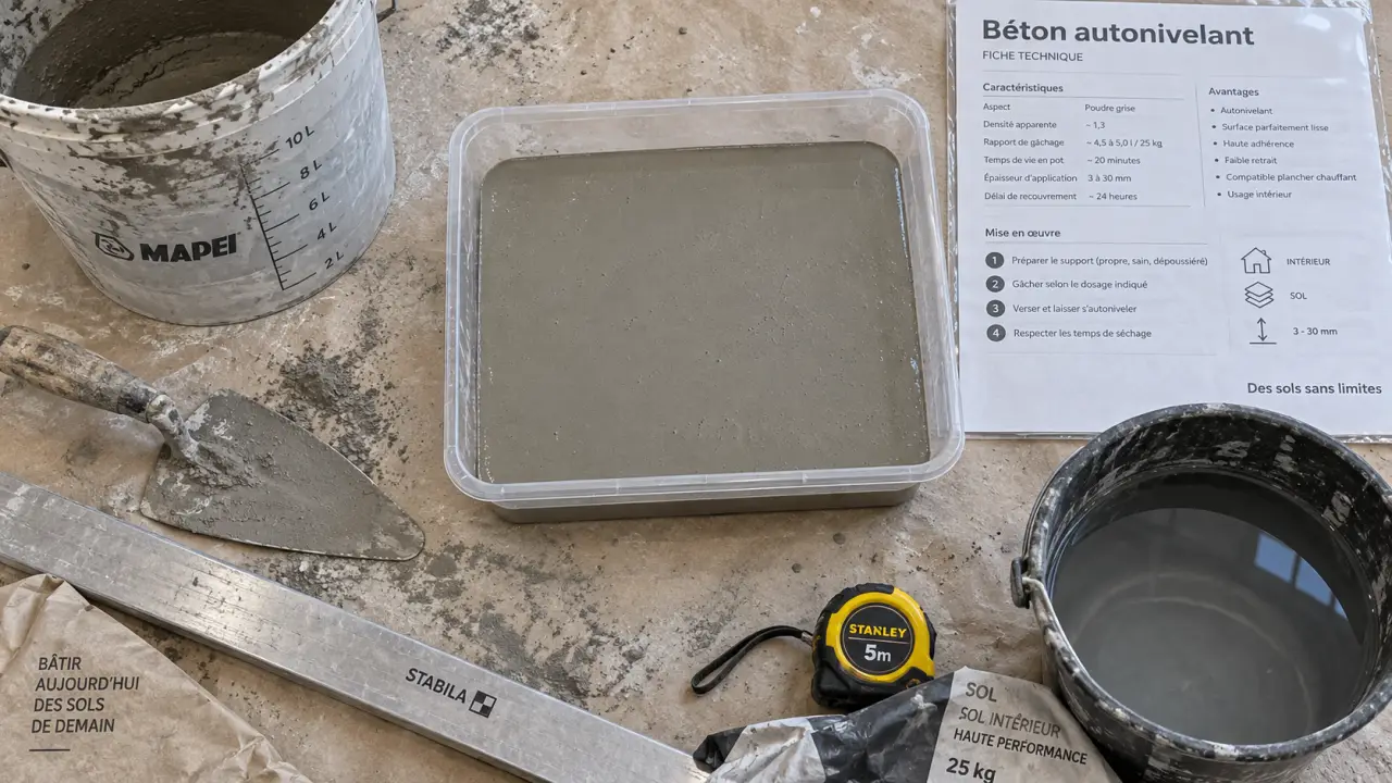 beton autonivelant : seau et truelle, béton fluide sans vibration, coffrage étanche