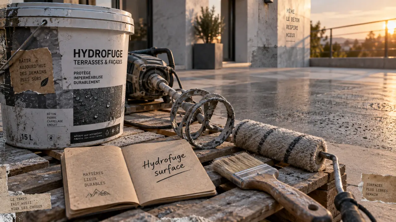 Beton hydrofuge : application surface sur terrasse en béton gris mat