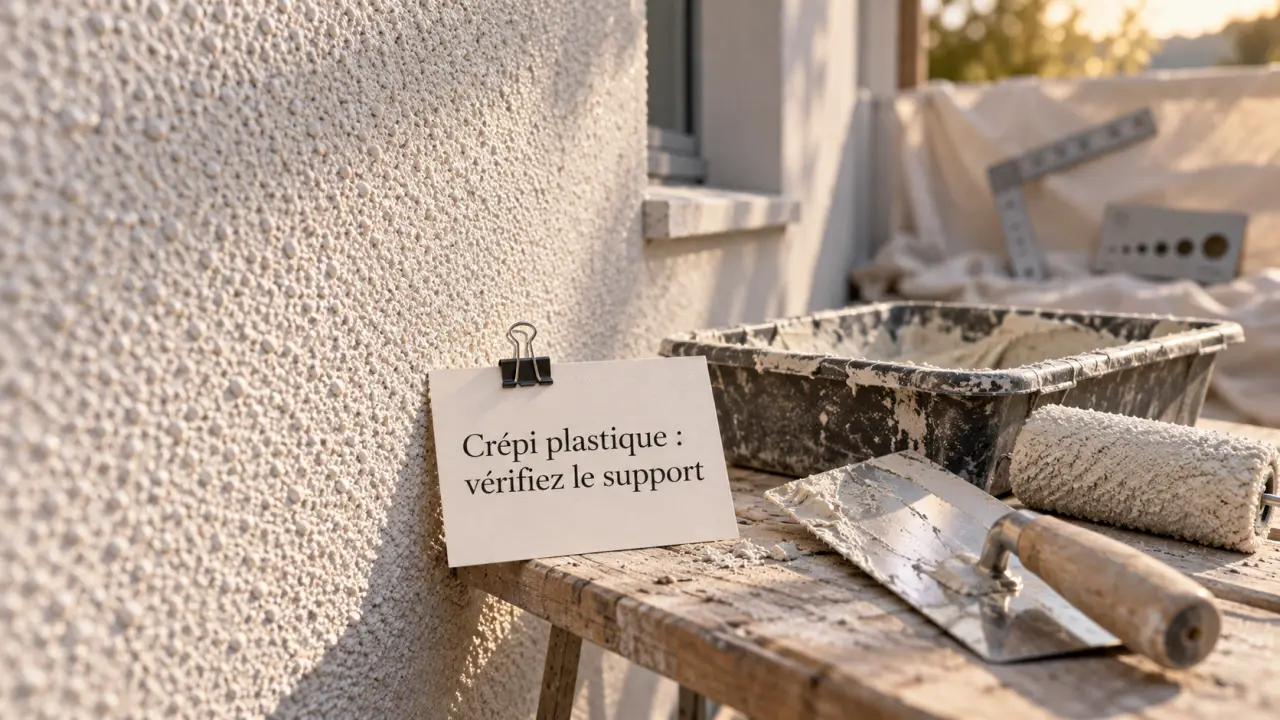 Crepi plastique sur façade en rénovation, support vérifié, truelle et mortier