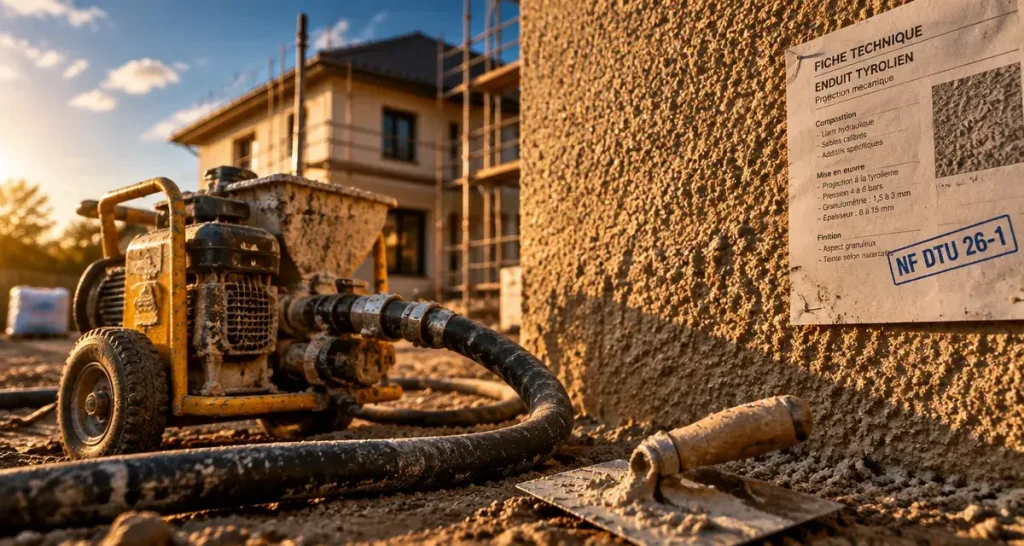 Enduit tyrolien sur façade avec relief projeté NF DTU 26-1