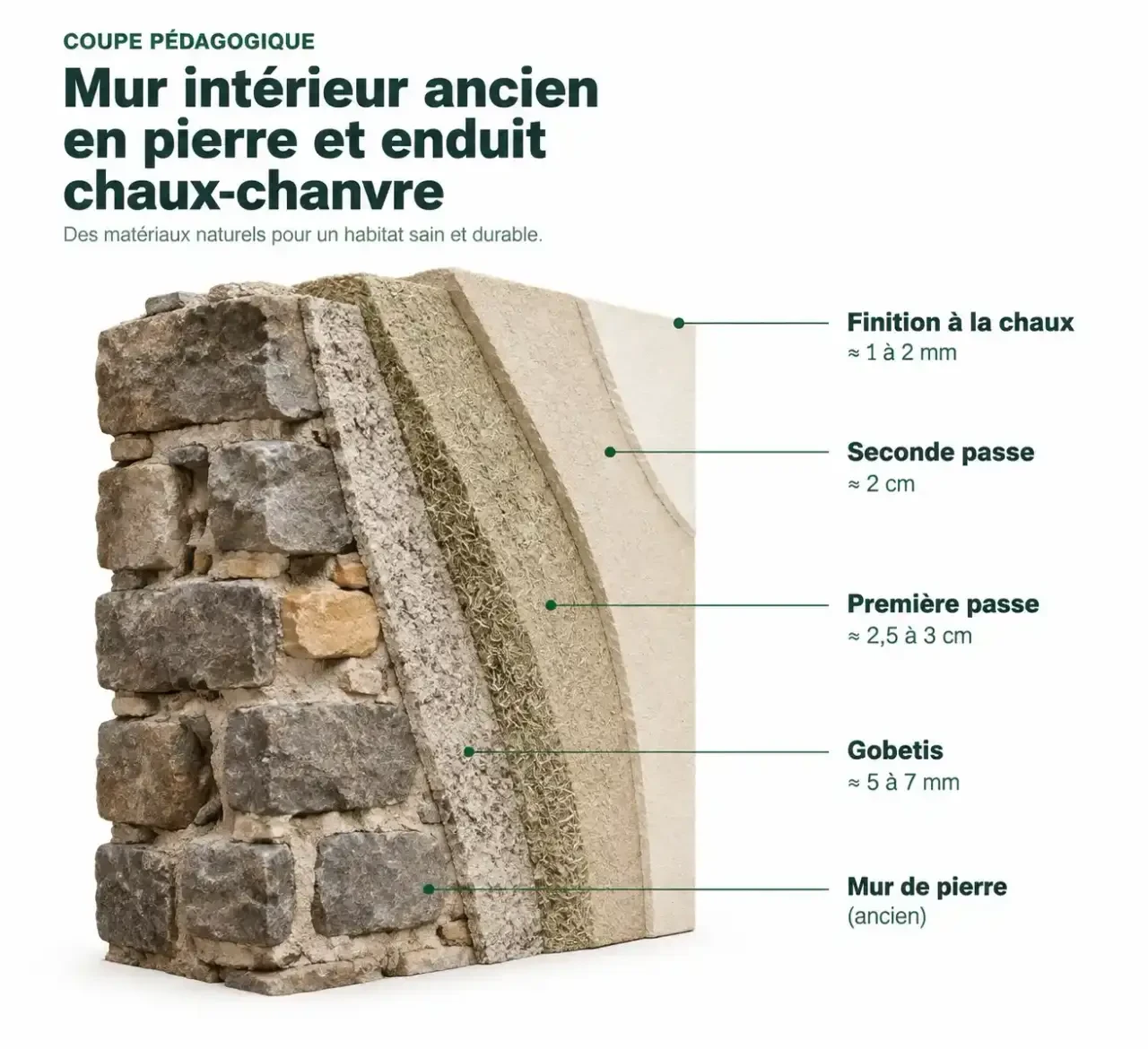 Schéma des couches d'un enduit chaux chanvre intérieur sur un mur de pierre : gobetis, corps d'enduit, seconde passe et finition