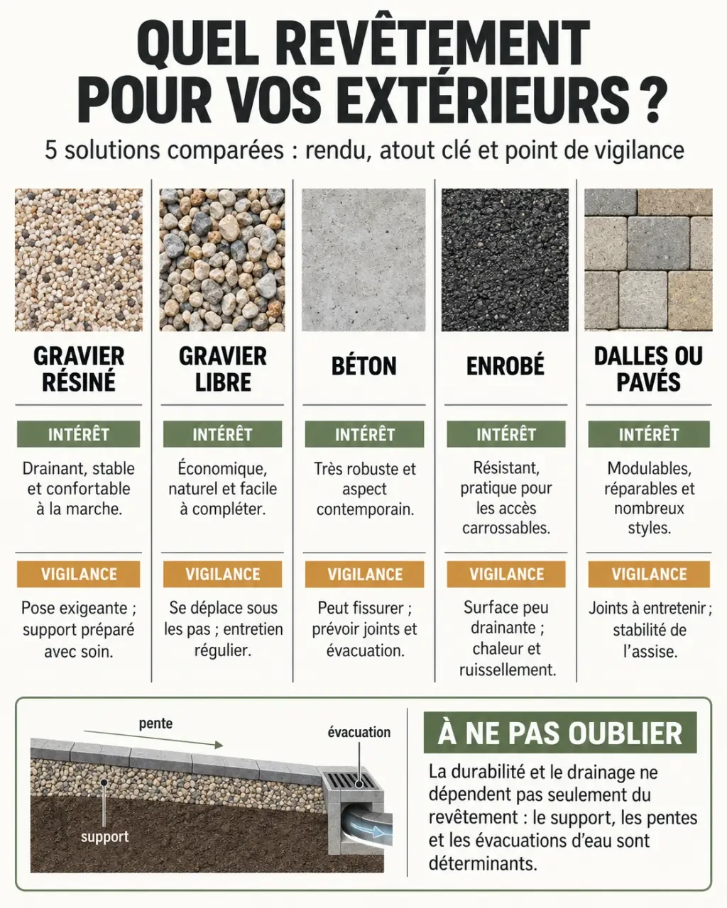 Infographie comparative sur le gravier et résine, le gravier libre, le béton, l’enrobé et les dalles