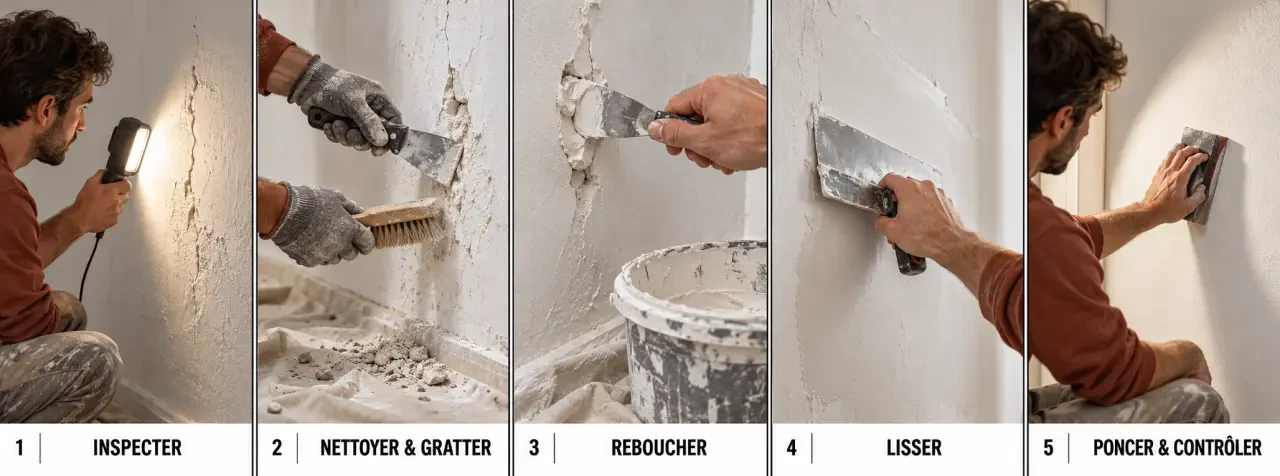 Étapes d’application d’un enduit mur interieur, du rebouchage au lissage avant peinture
