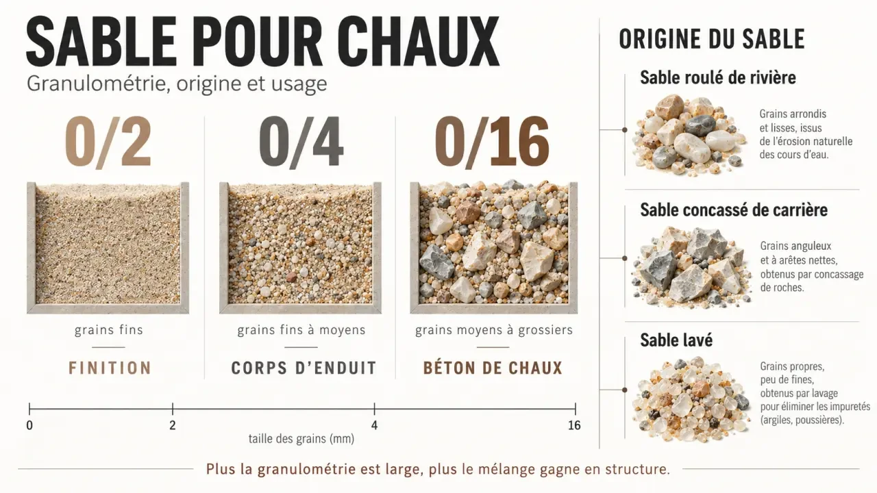 Sable pour chaux : comparaison des granulométries 0/2, 0/4 et 0/16 et des types de sable