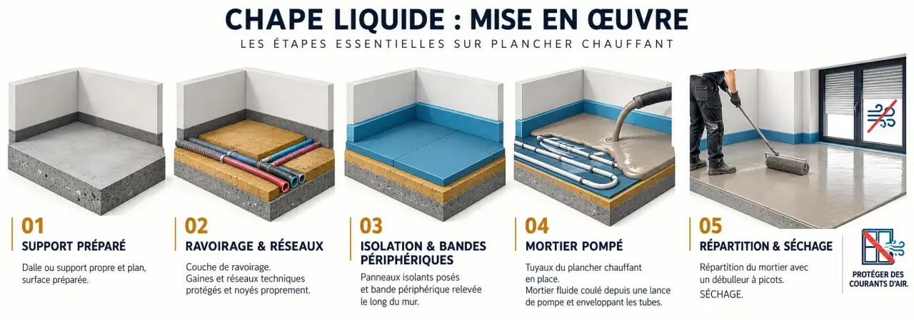 Mise en œuvre d’une chape liquide avec isolation, bandes périphériques et plancher chauffant