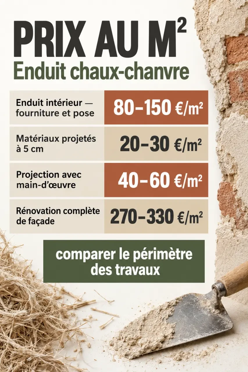 Infographie du prix au m² d'un enduit chaux-chanvre selon la prestation