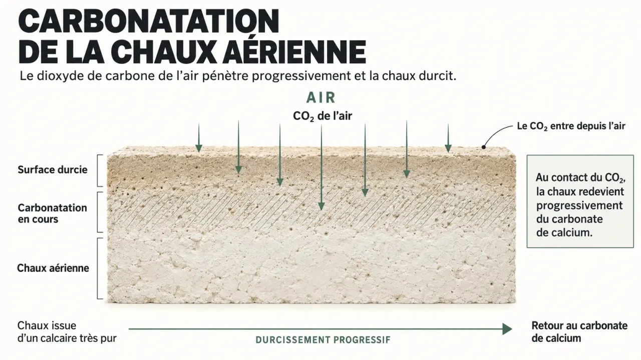 Schéma de la carbonatation et du durcissement de la chaux aérienne
