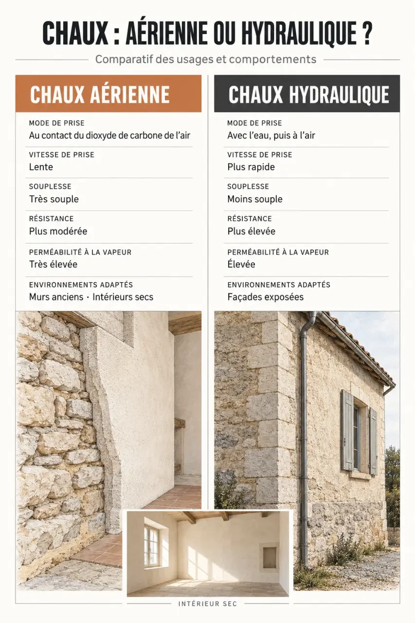 Comparaison entre chaux aérienne et chaux hydraulique selon l’usage et l’humidité
