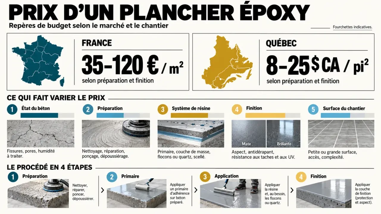 Infographie sur le prix d'un plancher époxy en France et au Québec selon la surface, la préparation et la finition