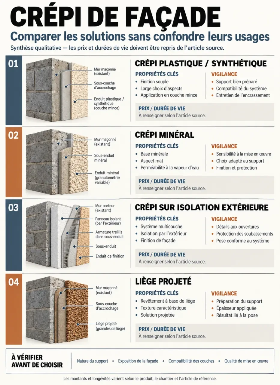 Infographie comparative sur le crépi plastique, le crépi minéral et les finitions de façade